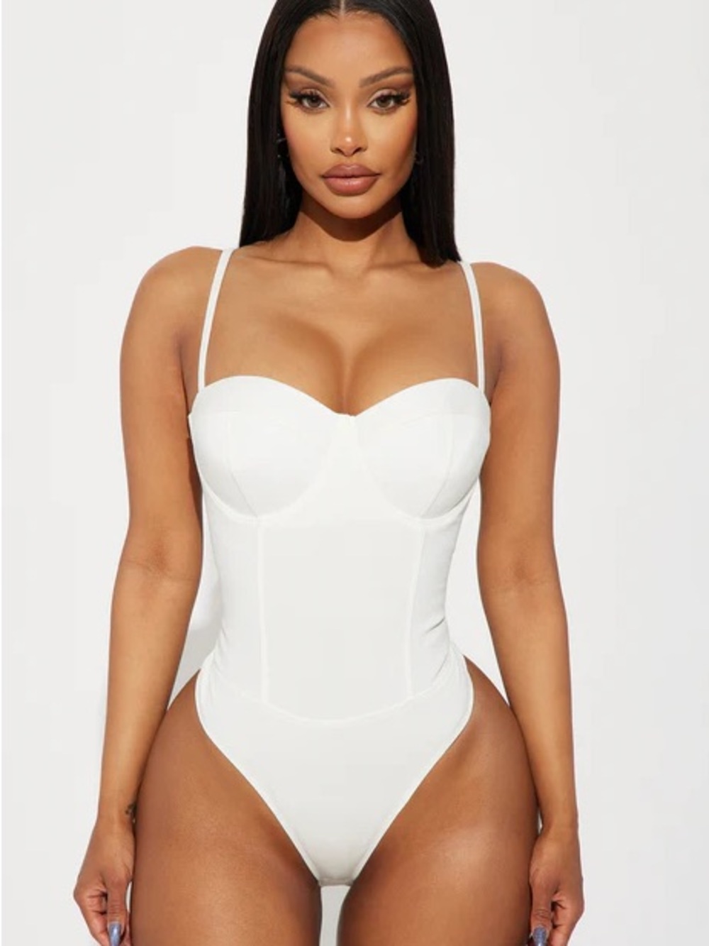 Fashion Nova White Bustier-Style Thong Bodysuit